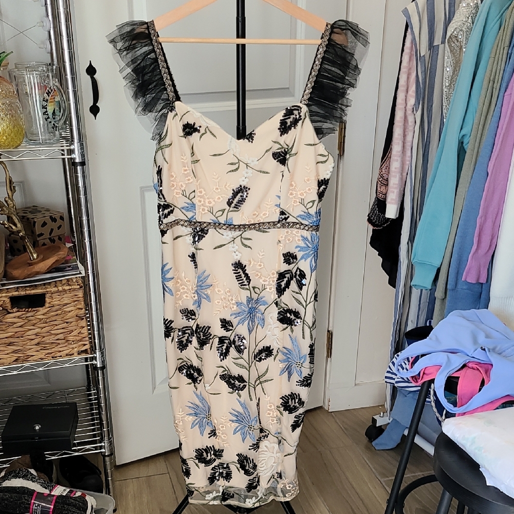 Lulu's Cream Floral Midi Dress with Black Ruffle Straps and Blue Accents